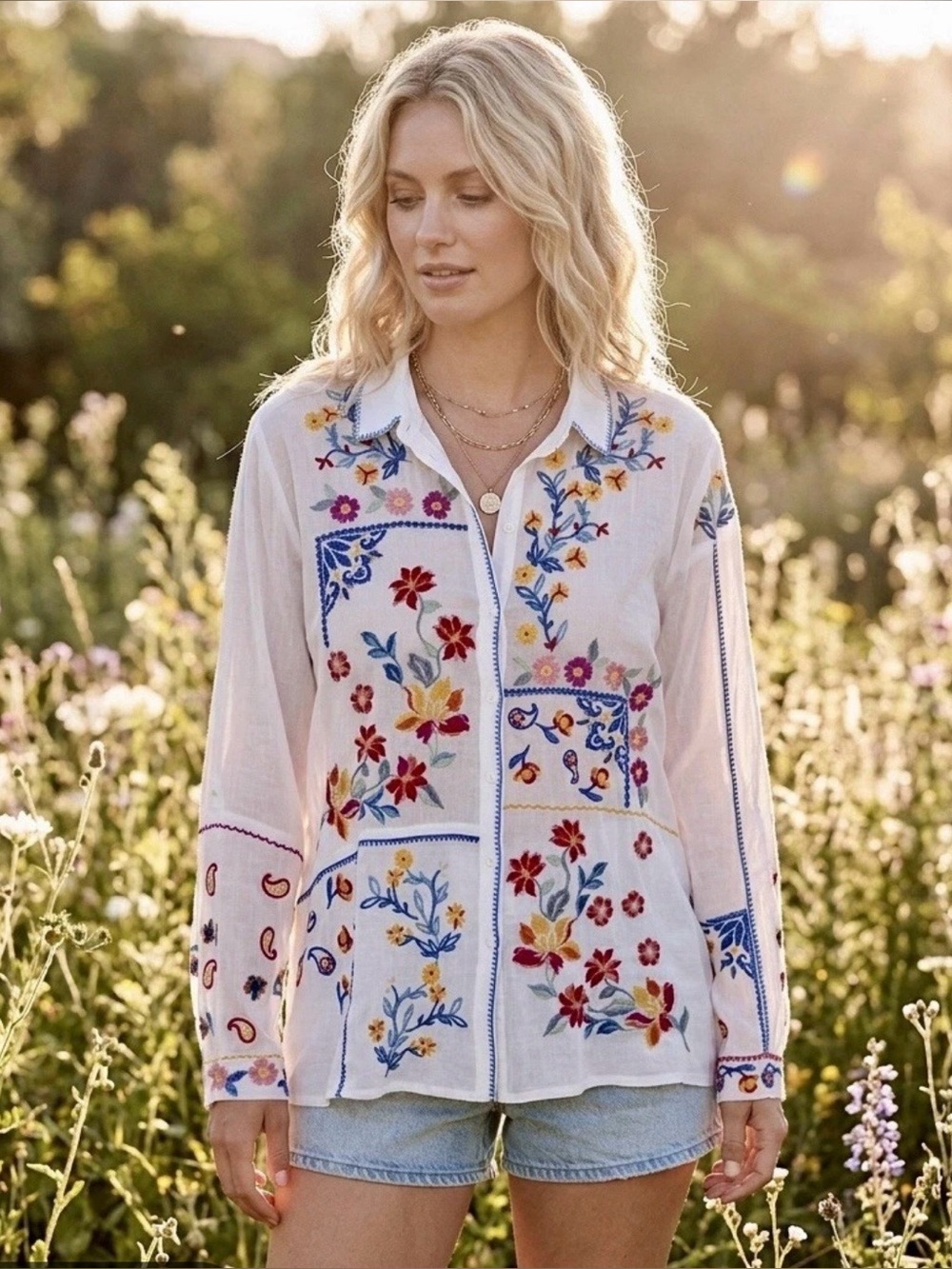 Johnny Was White Embroidered Boho Blouse Tunic Top NWOT Size M